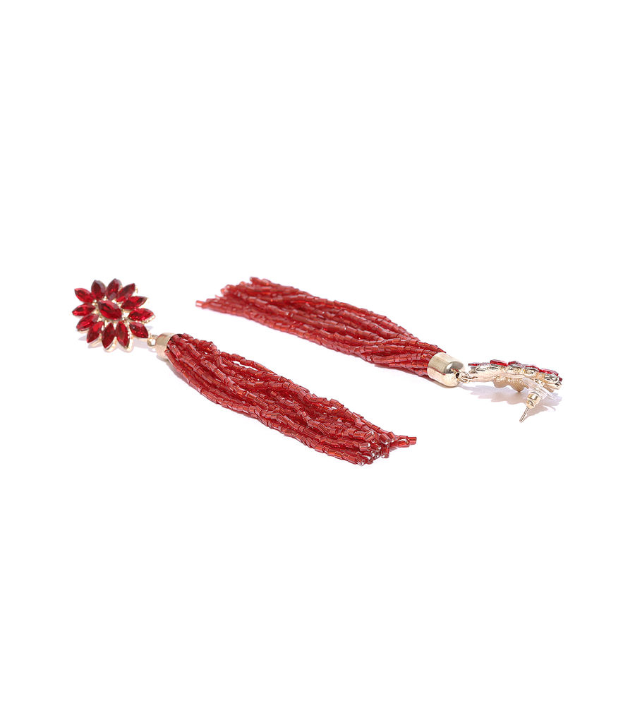 YouBella Red Gold-Plated Tasselled Contemporary Drop Earrings